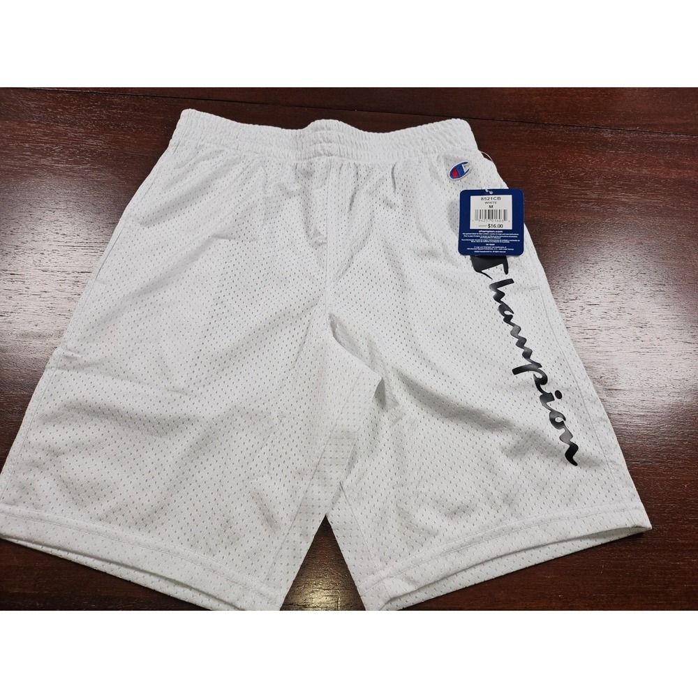 Champion‎ Shorts Boys Youth Medium White Spell Out Logo Pockets Athletic Mesh